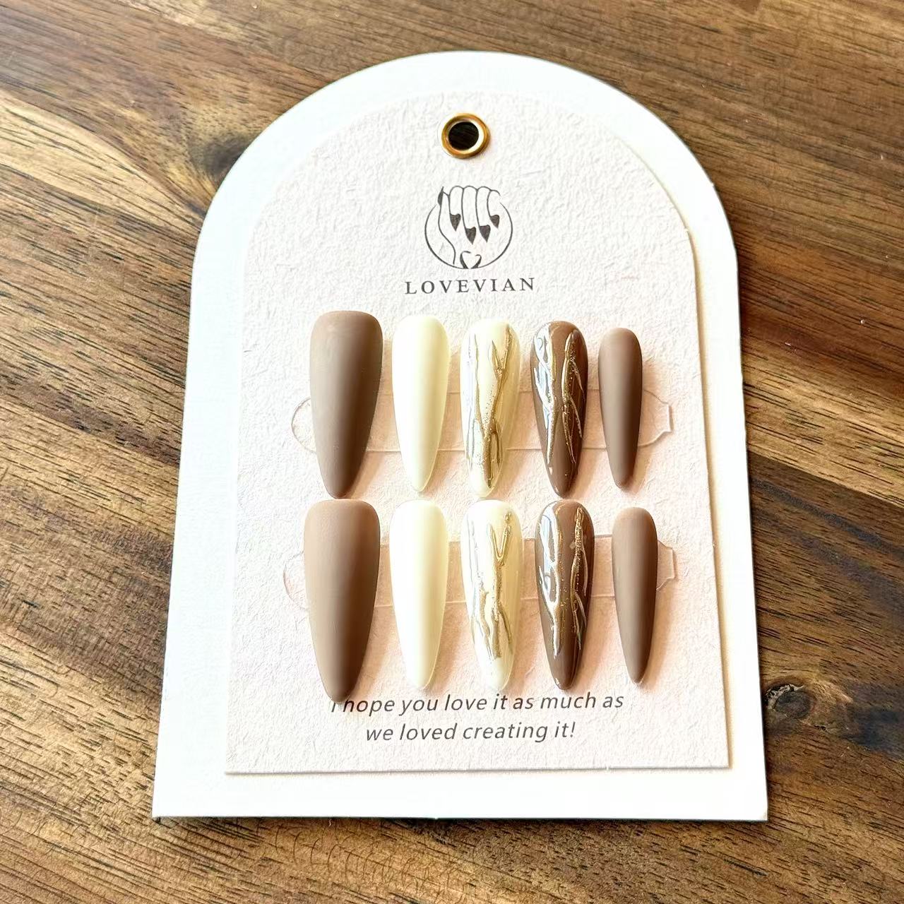 Terra Élégance – Brown & Ivory Marble Press-On Nails with Golden Veins