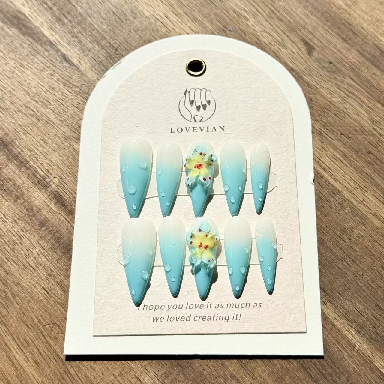 Ocean Bloom – Stiletto Press-On Nails with Blue Ombre, 3D Flowers & Water Drop Accents