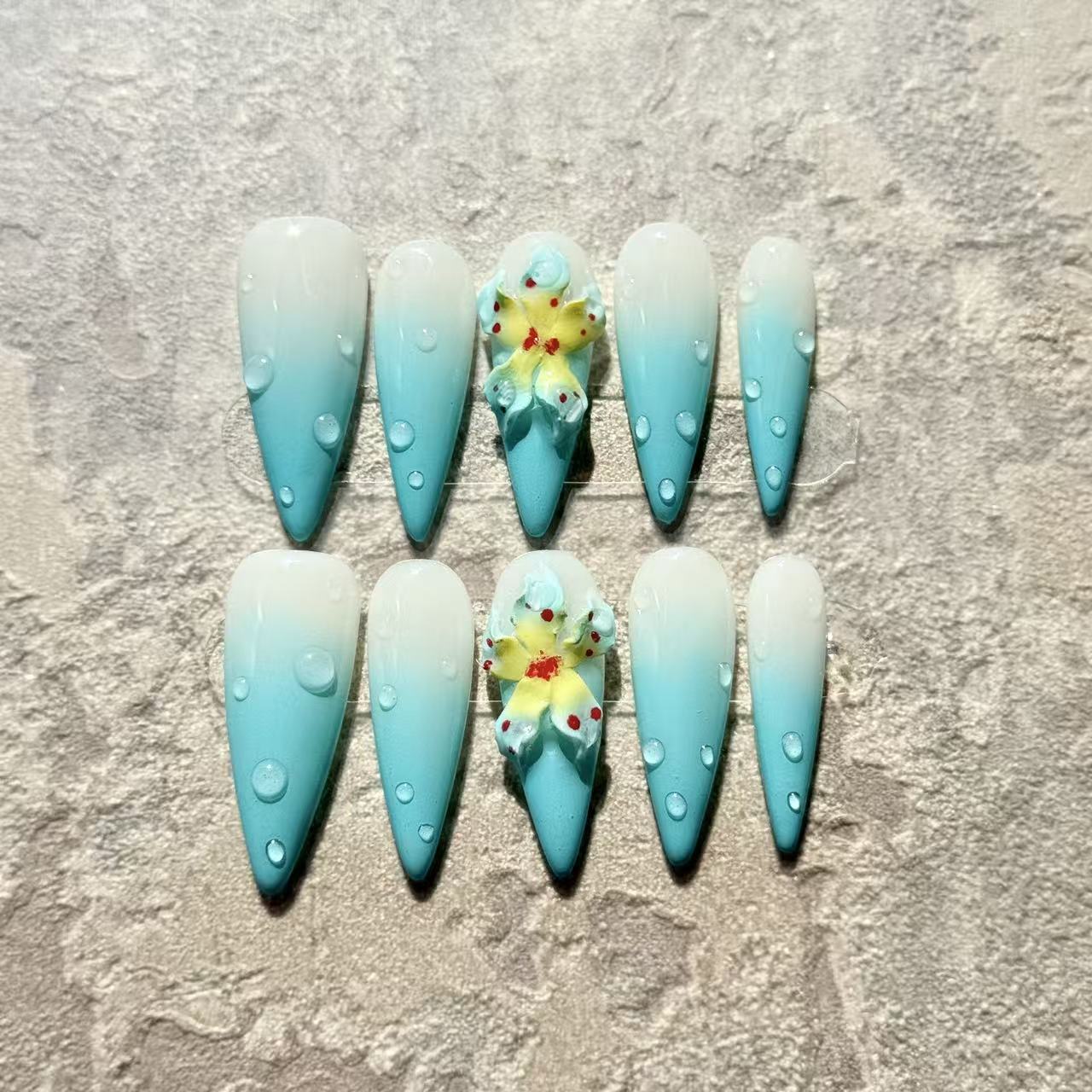 Ocean Bloom – Stiletto Press-On Nails with Blue Ombre, 3D Flowers & Water Drop Accents