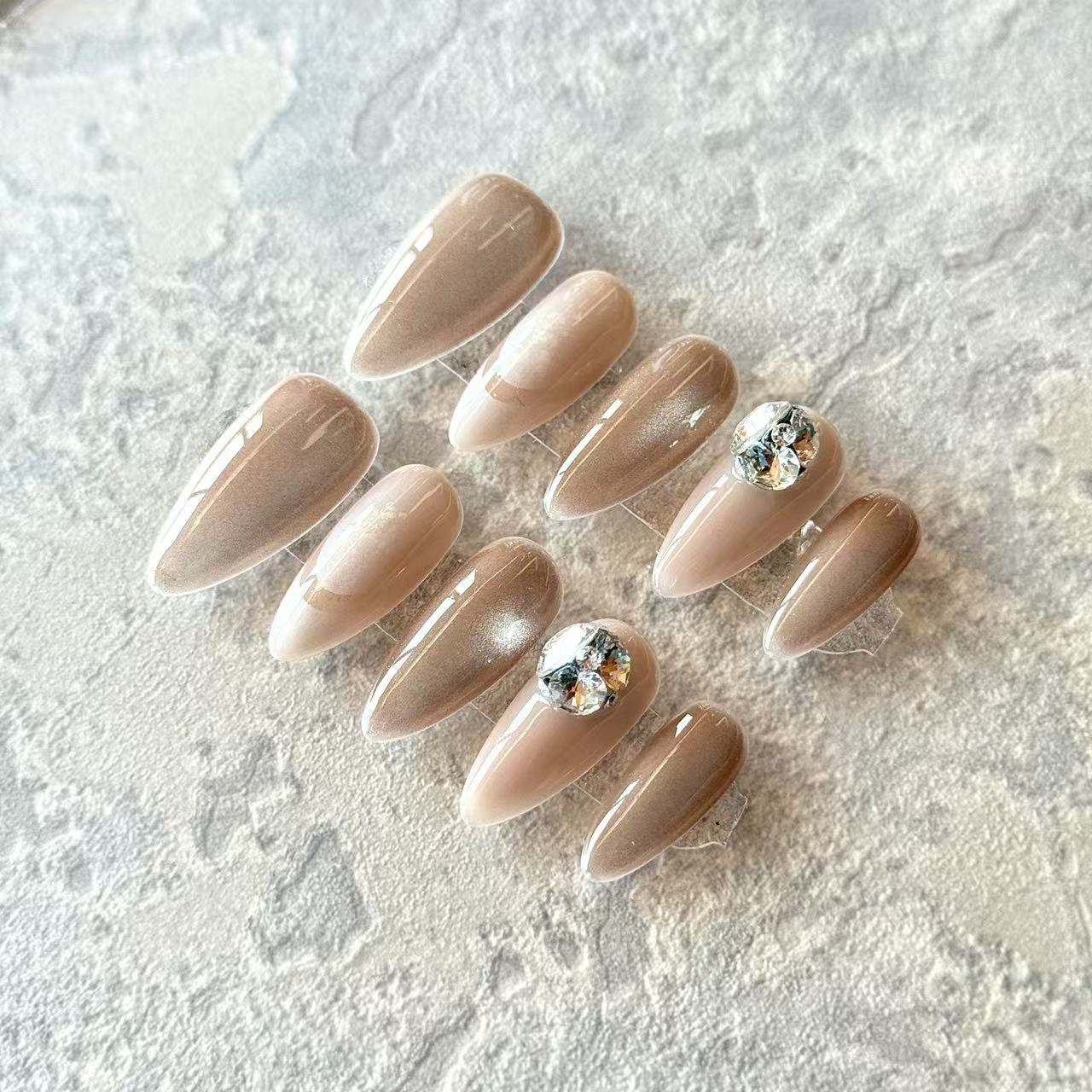 Brun Élégance – Nude Brown Luxury Press-On Nails with Crystal Gem Accent – Almond Shape