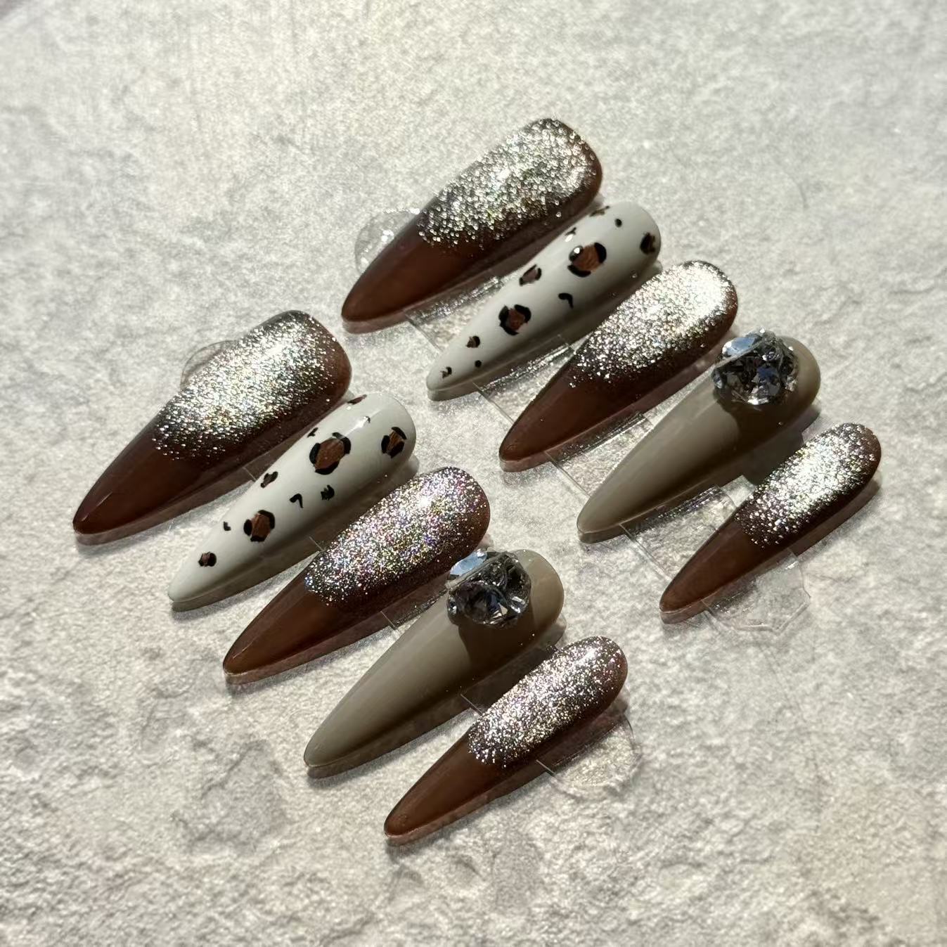 Wild Luxe – Stiletto Press-On Nails with Leopard Print, Glitter Ombre & Crystal Accents