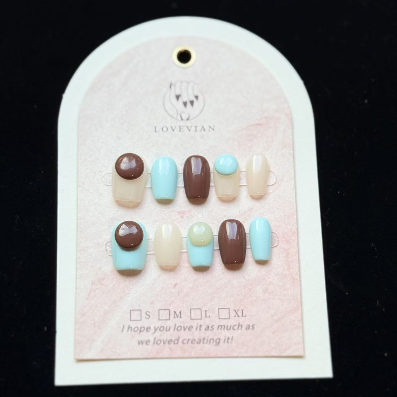 Choco Mint Pop – Minimalist Press-On Nails with 3D Dot Design (Brown, Mint & White)