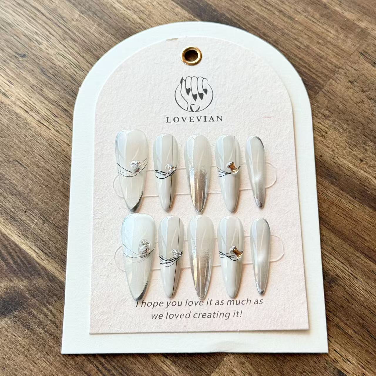 Glacier Shine – Stiletto Press-On Nails with Silver Cat-Eye, White Ombre & Crystal Accents