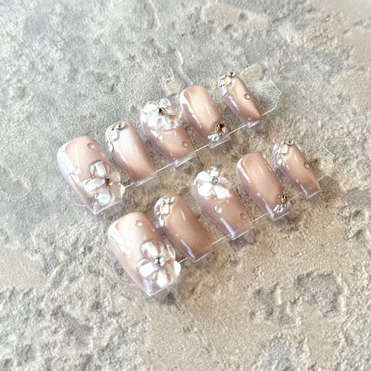 Rosée Florale – Champagne Nude Luxury Press-On Nails with 3D Flowers & Crystal Drops – Squoval Shape