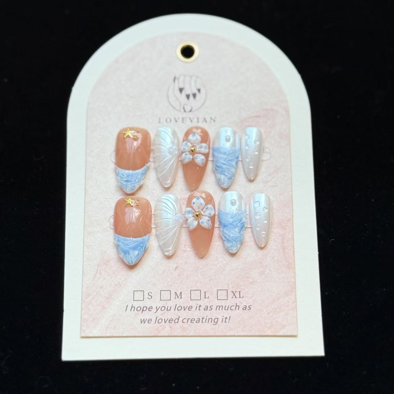 Ocean Breeze – Coastal Nude & Blue Marble Press-On Nails with 3D Flowers and Starfish Accents