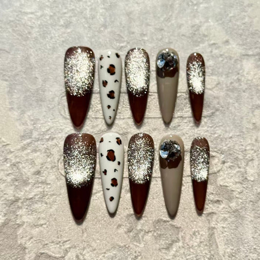 Wild Luxe – Stiletto Press-On Nails with Leopard Print, Glitter Ombre & Crystal Accents
