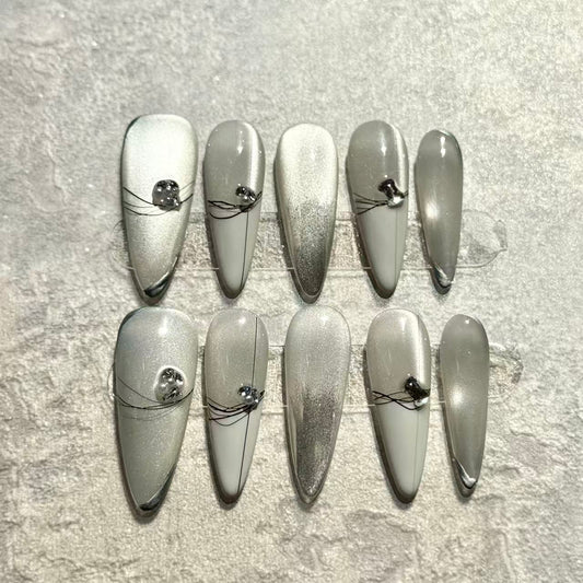 Glacier Shine – Stiletto Press-On Nails with Silver Cat-Eye, White Ombre & Crystal Accents