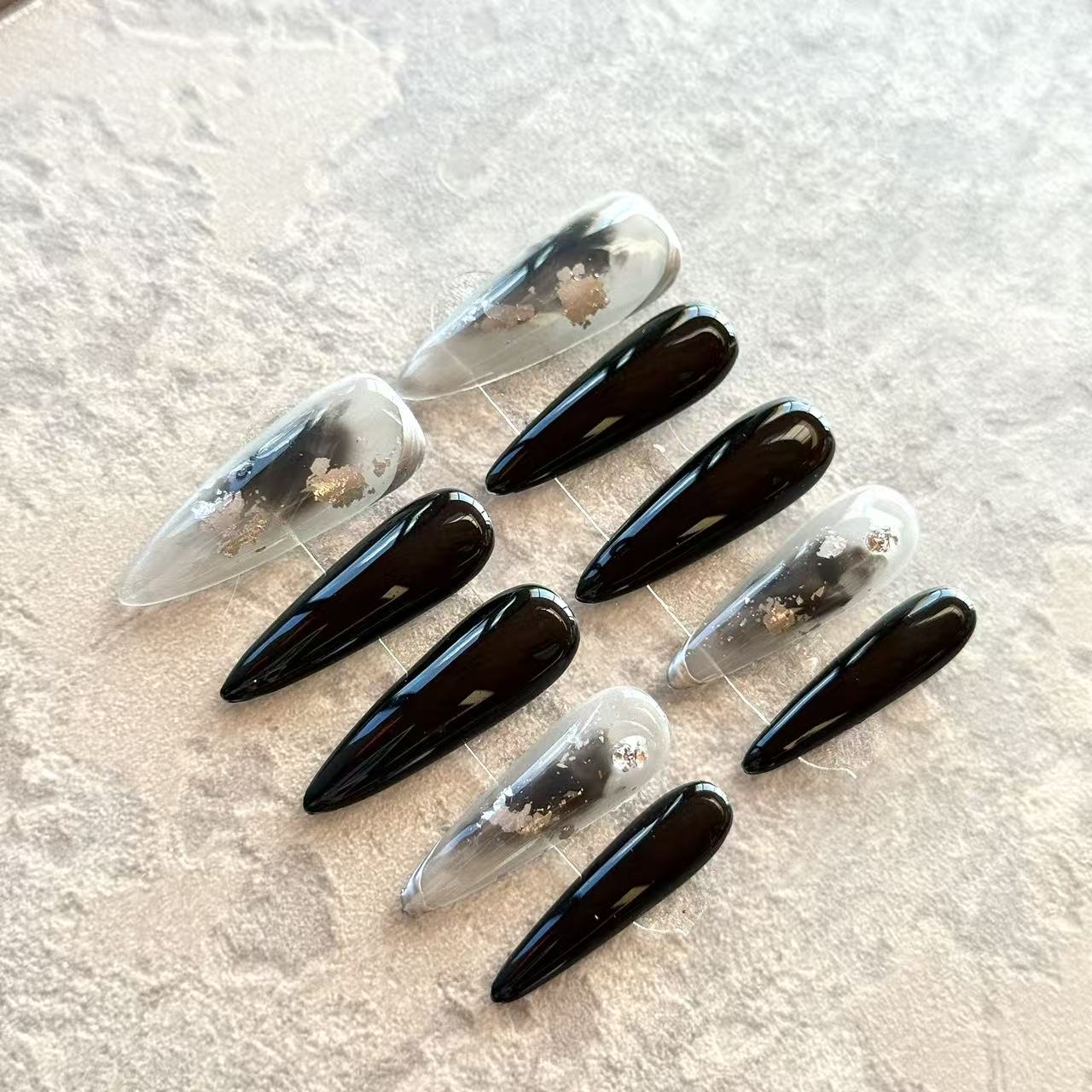 Noir Fumé – Black Smoke Luxury Press-On Nails with Metallic Foil – Stiletto Shape