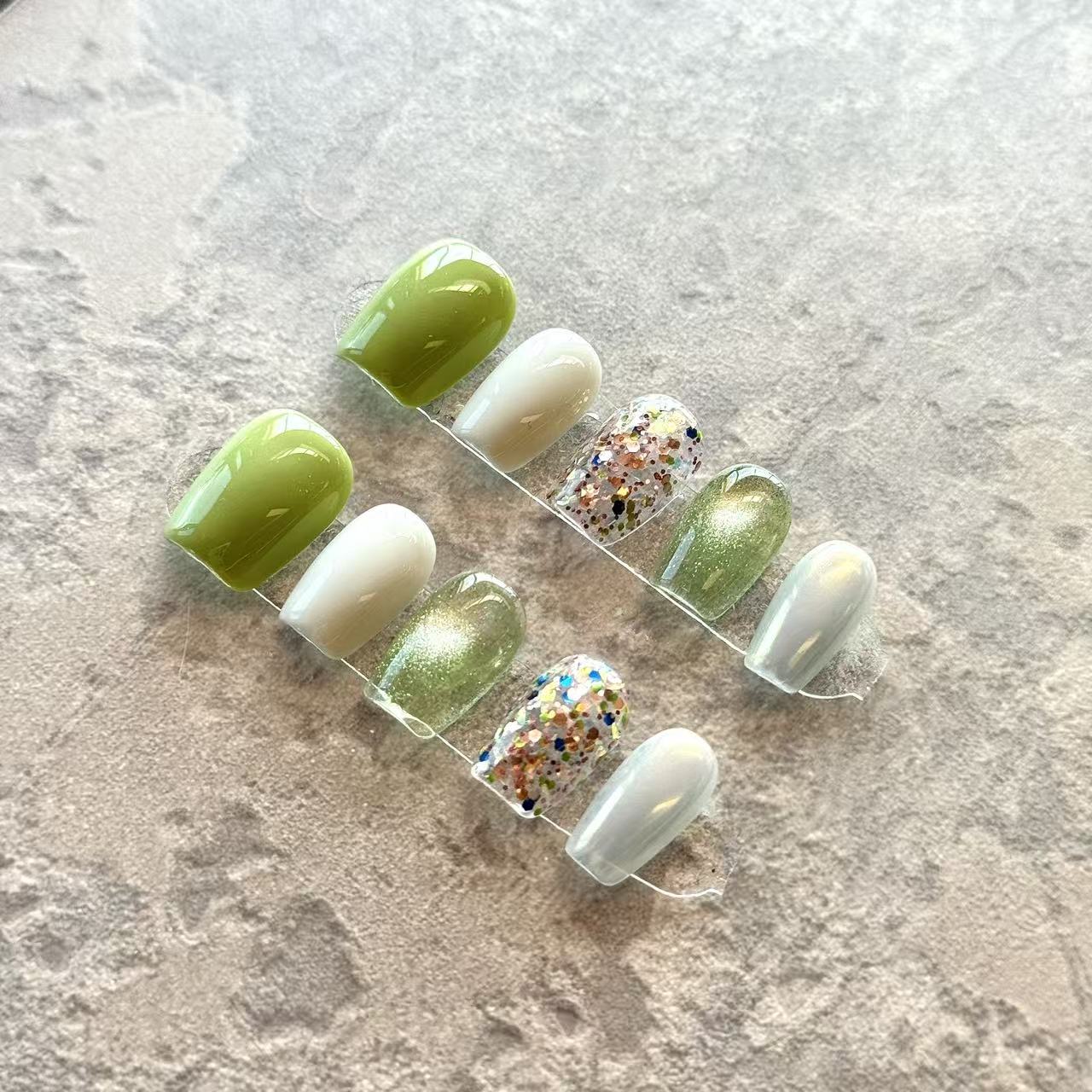 Verde Fête – Green & Glitter Luxury Press-On Nails with Festival Sparkle