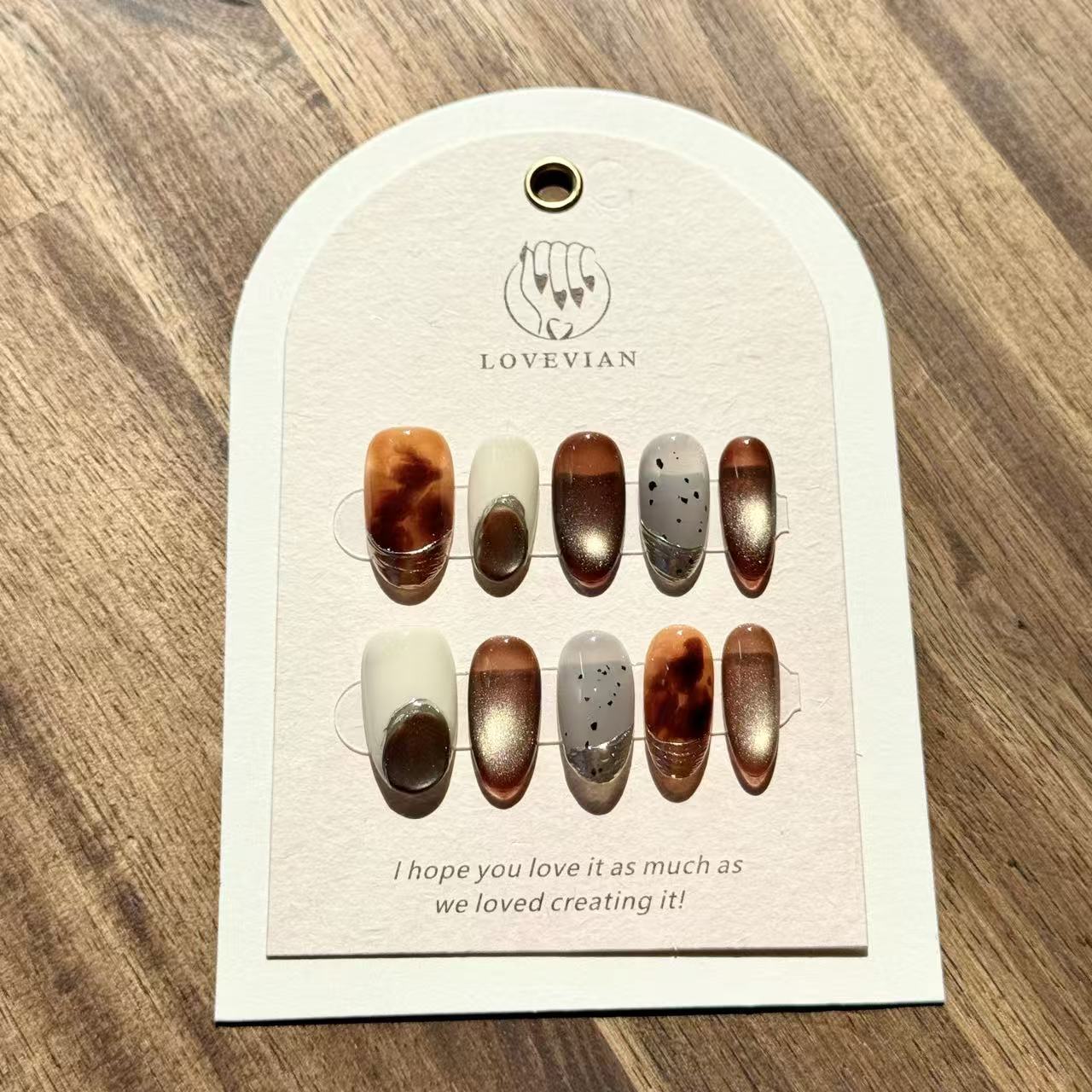 Amber Stone Elegance – Oval Press-On Nails with Brown Marble, Grey Ink & Silver Accents