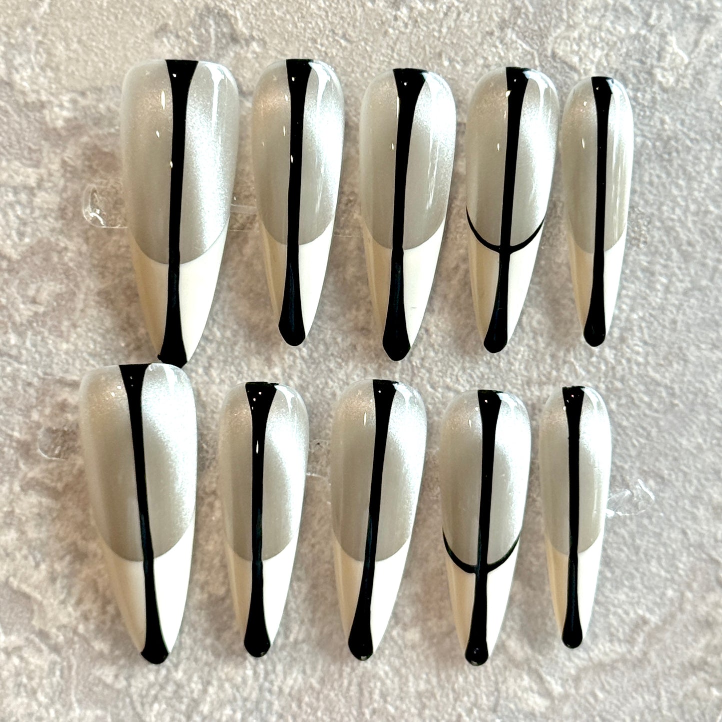 Monochrome Edge – Silver & White French Press-On Nails with Black Line Detail