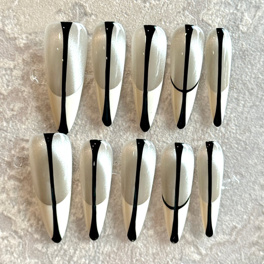 Monochrome Edge – Silver & White French Press-On Nails with Black Line Detail