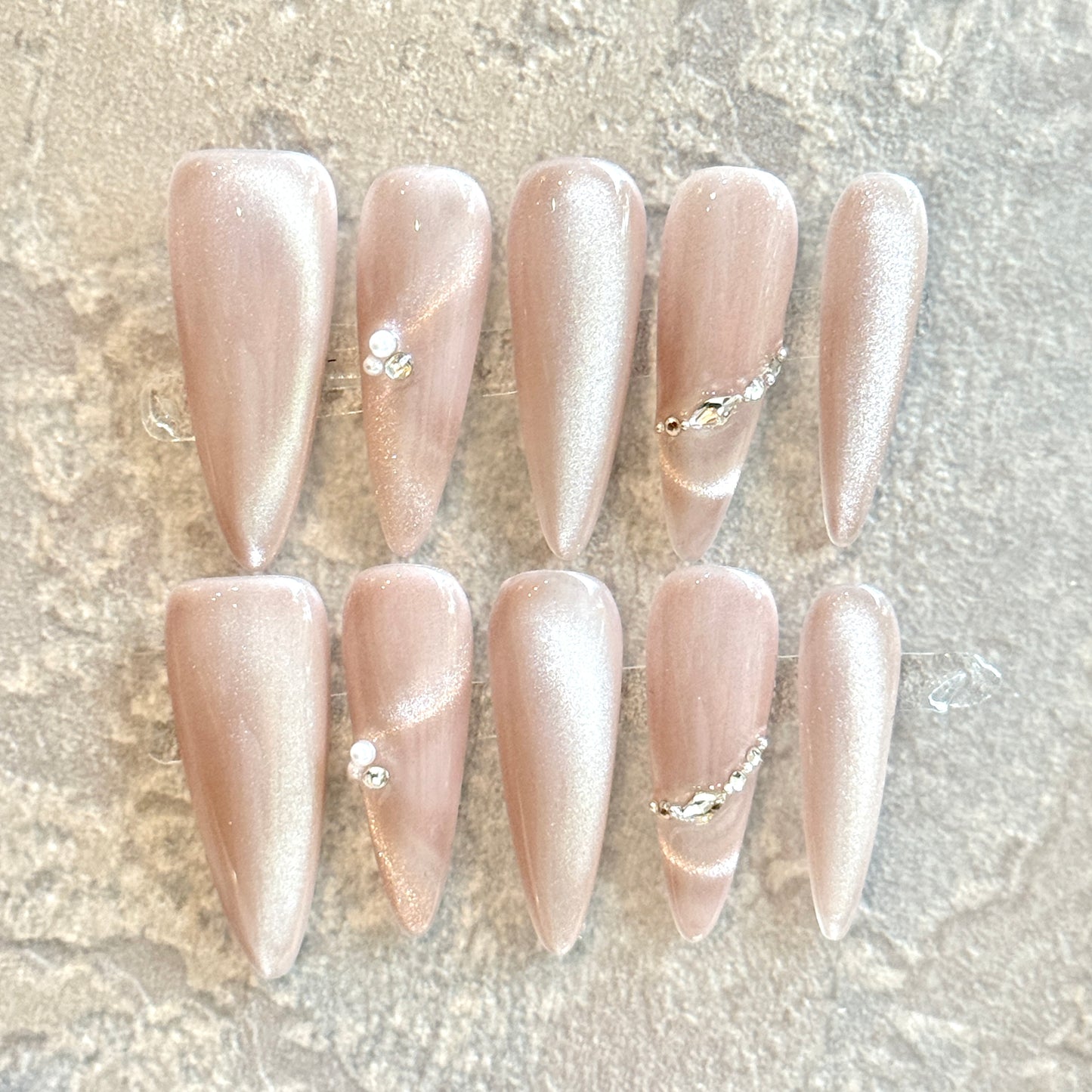 Rose Glow – Nude Pink Shimmer Press-On Nails with Crystal Accents