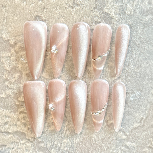 Rose Glow – Nude Pink Shimmer Press-On Nails with Crystal Accents
