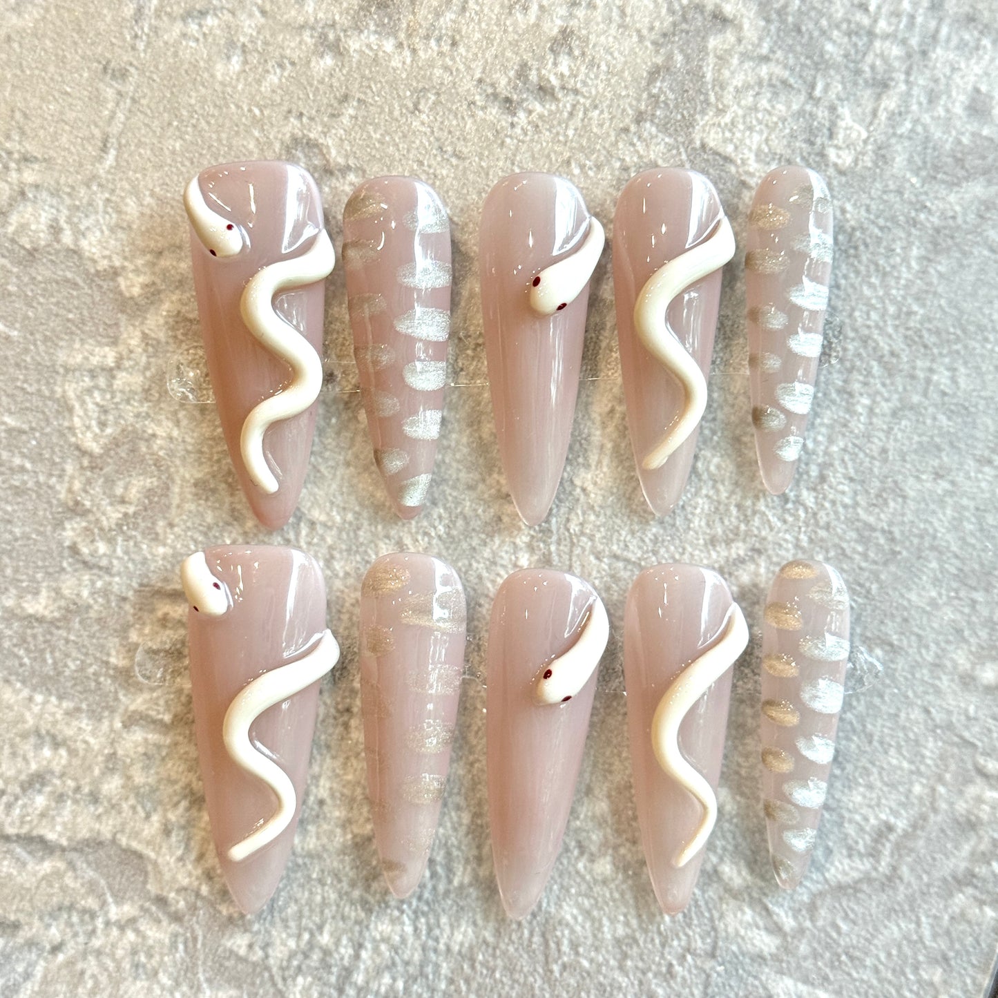 Serpent Muse – Nude Press-On Nails with 3D Snake & Silver Scales