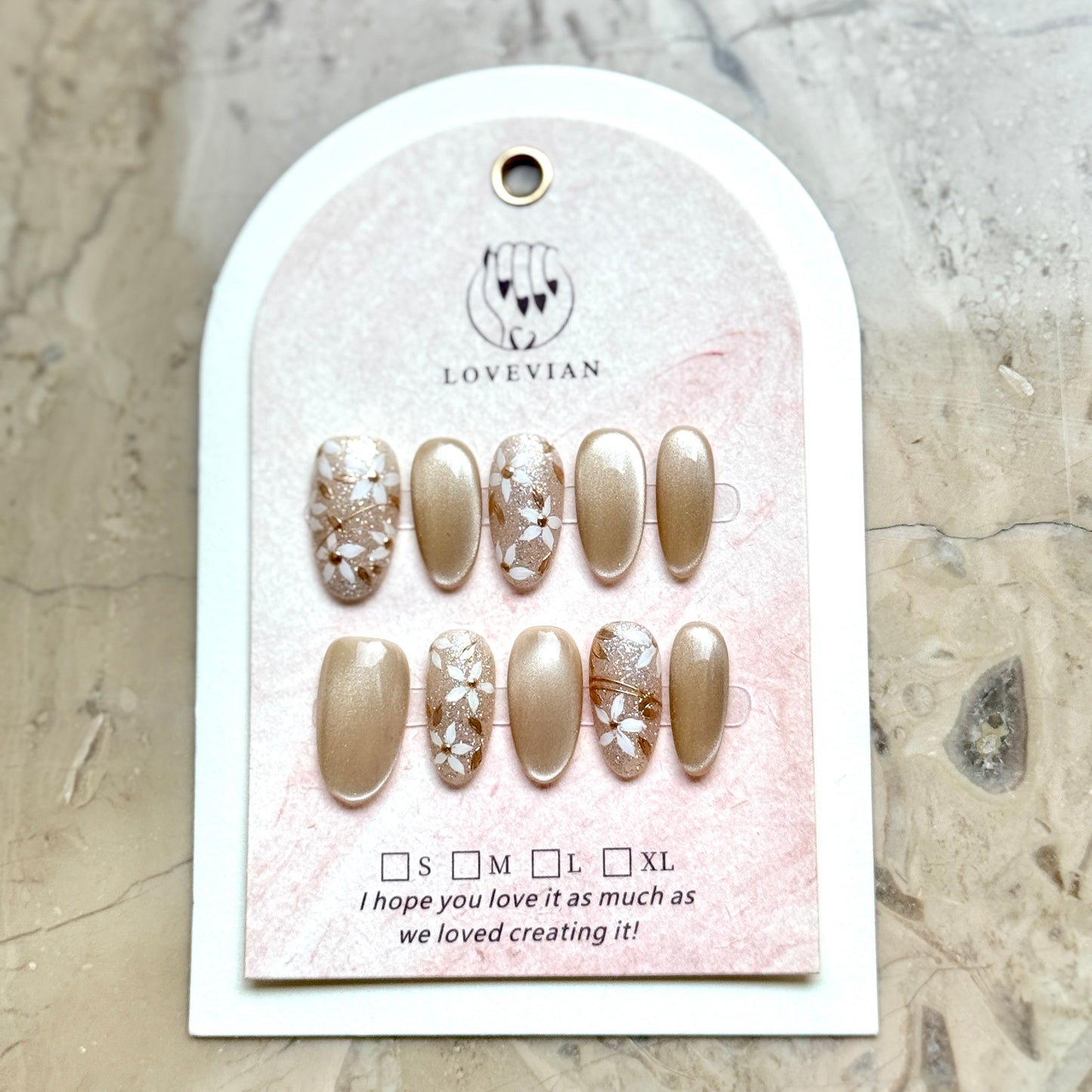 Golden Blossom Veil – Champagne Floral Press-On Nails with Gold Foil Accents