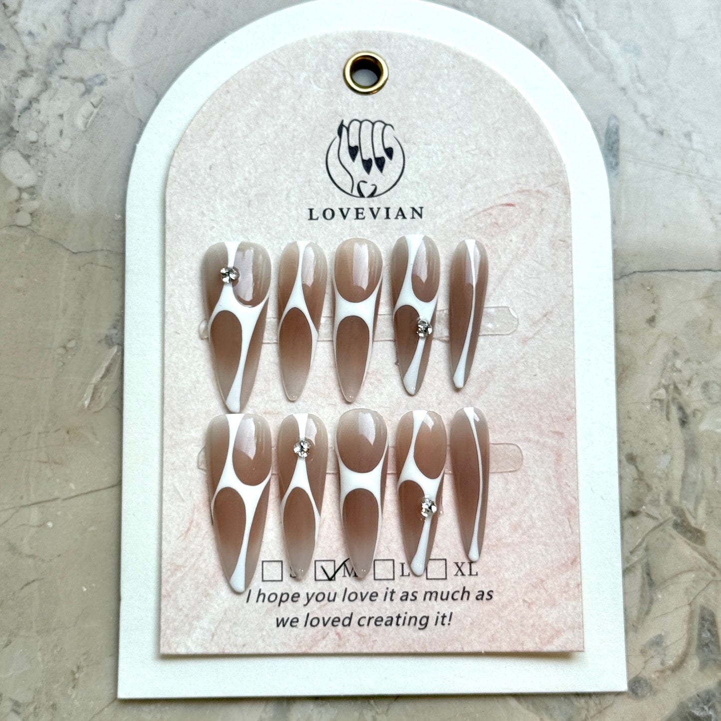 Mocha Élan – Nude Gradient Geometric French Press-On Nails with Crystal Accent