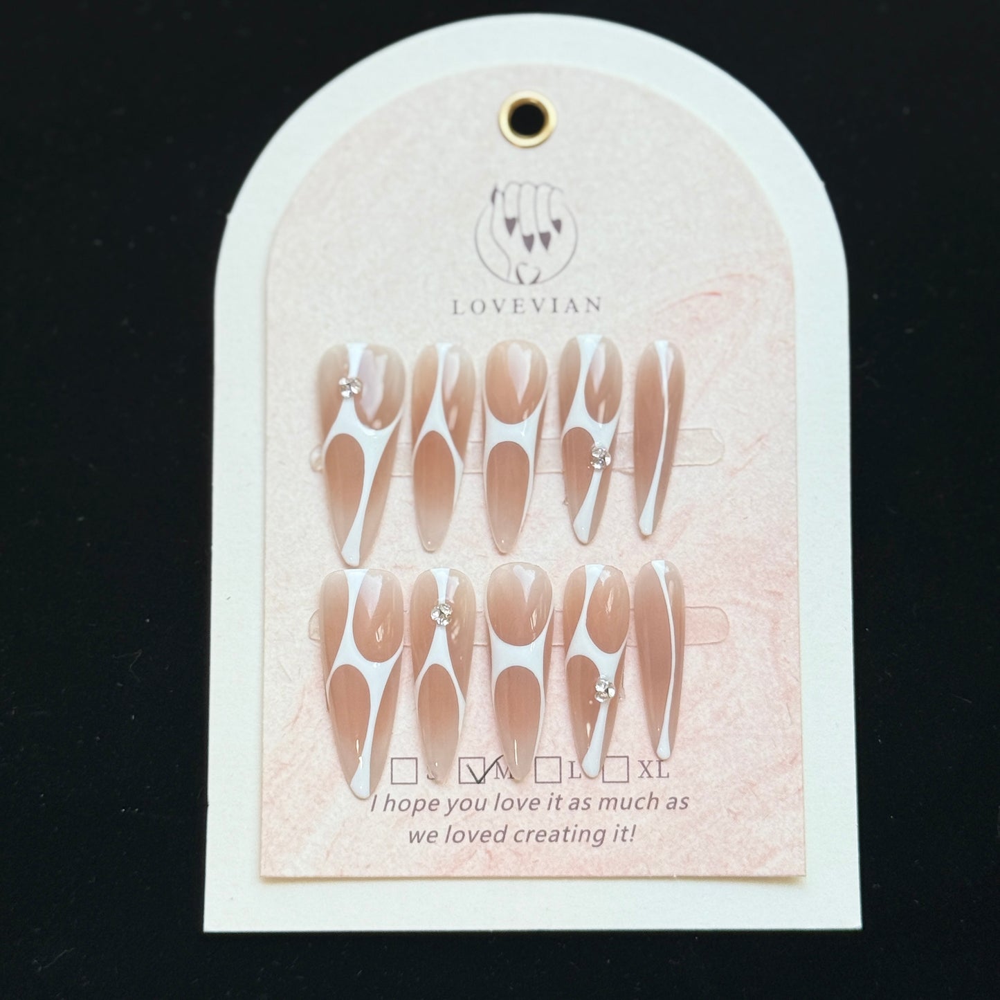 Mocha Élan – Nude Gradient Geometric French Press-On Nails with Crystal Accent