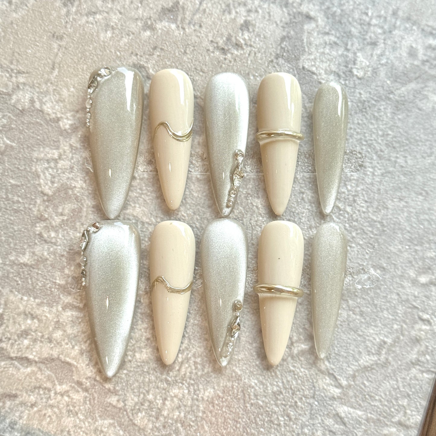 Champagne Moonlight – Silver & Nude Luxury Press-On Nails with Gold Wave and Crystal Accents