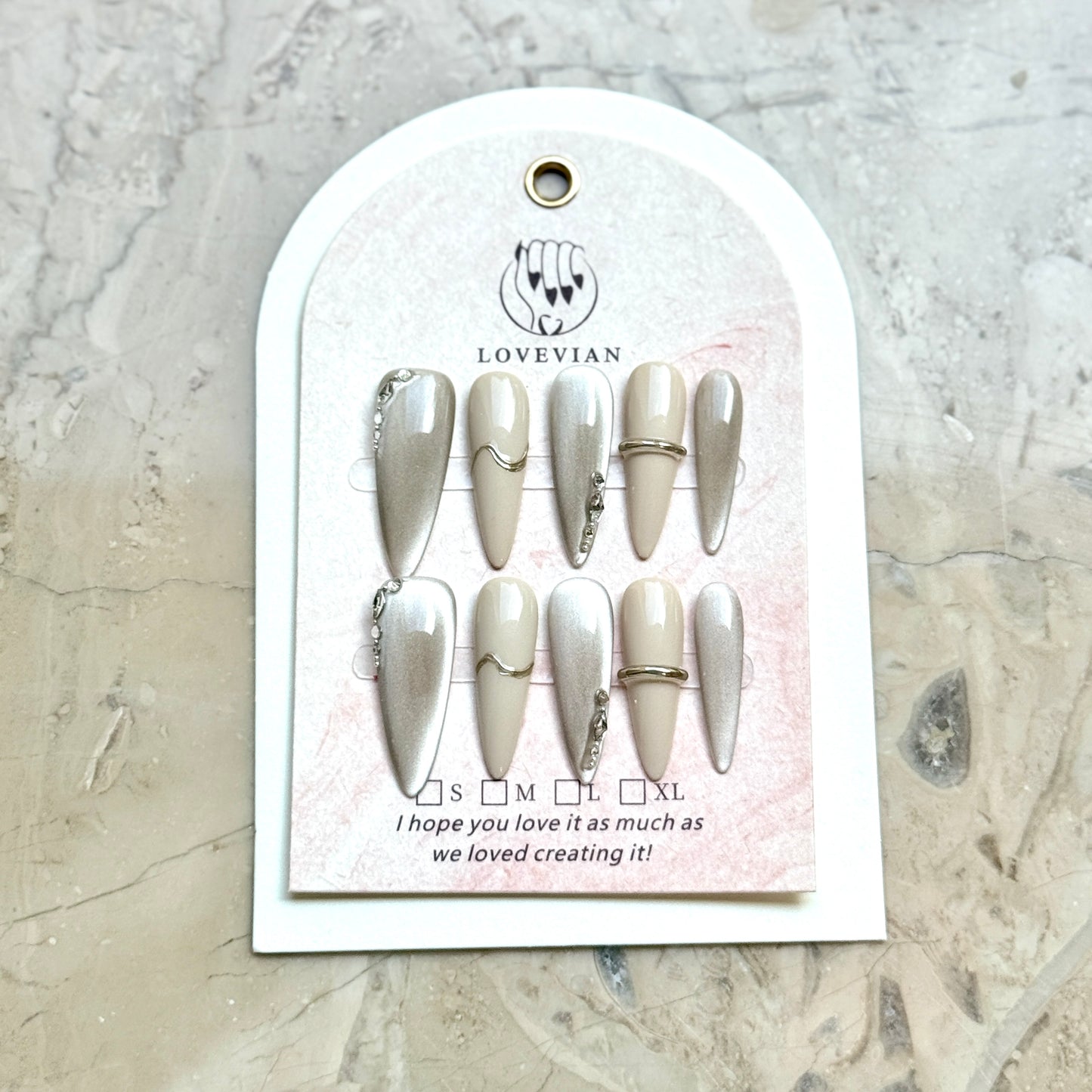 Champagne Moonlight – Silver & Nude Luxury Press-On Nails with Gold Wave and Crystal Accents