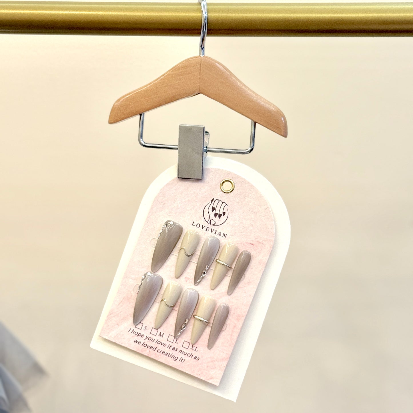 Champagne Moonlight – Silver & Nude Luxury Press-On Nails with Gold Wave and Crystal Accents