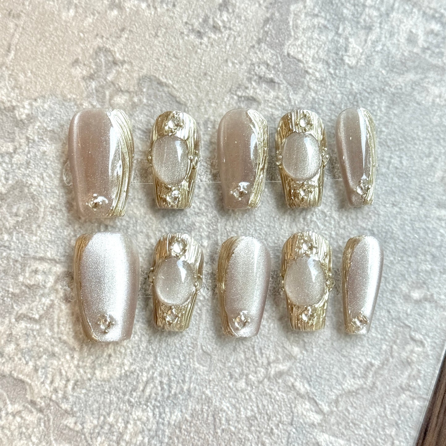 Golden Pearl Mirage – Champagne Gold Luxury Press-On Nails with Gemstone & Crystal Details