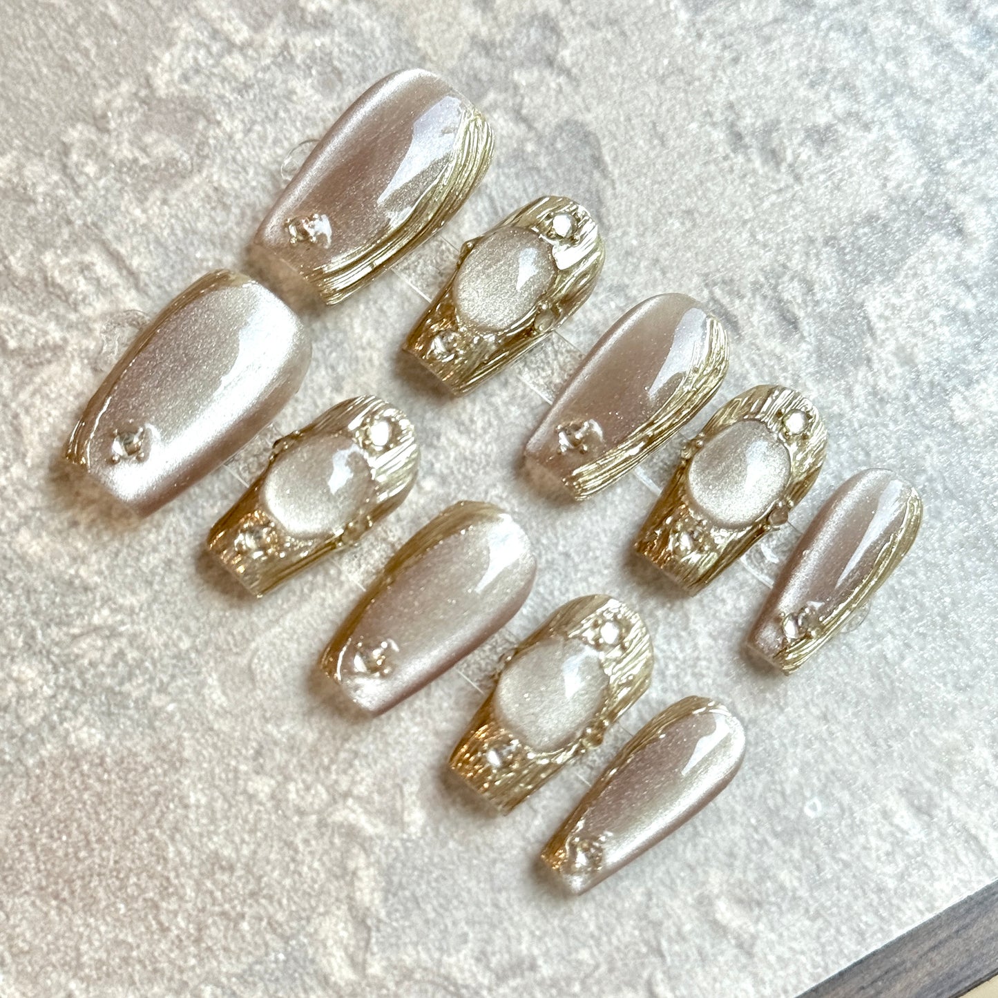 Golden Pearl Mirage – Champagne Gold Luxury Press-On Nails with Gemstone & Crystal Details