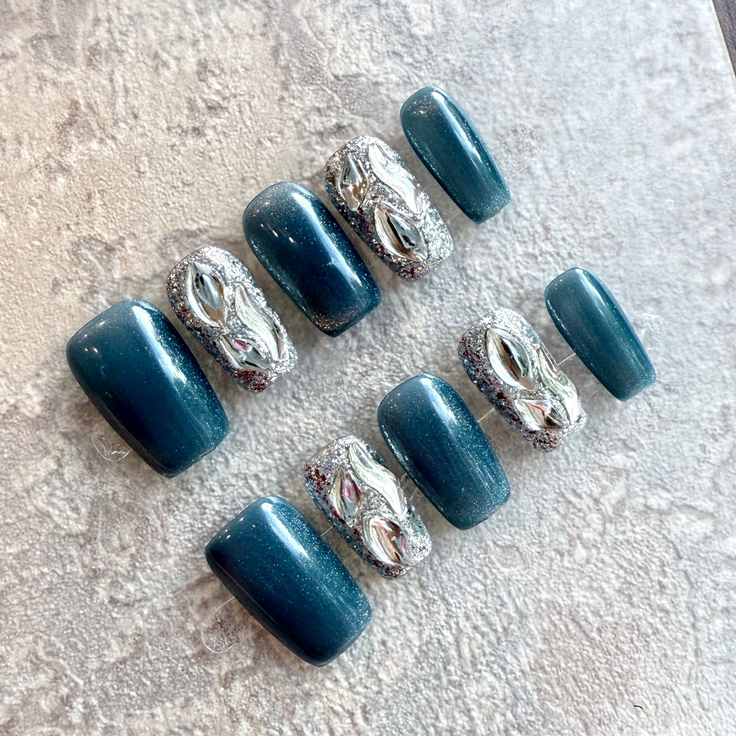 Midnight Galaxy – Luxury Metallic Silver Sculpted Press-On Nails (Deep Teal Sparkle)