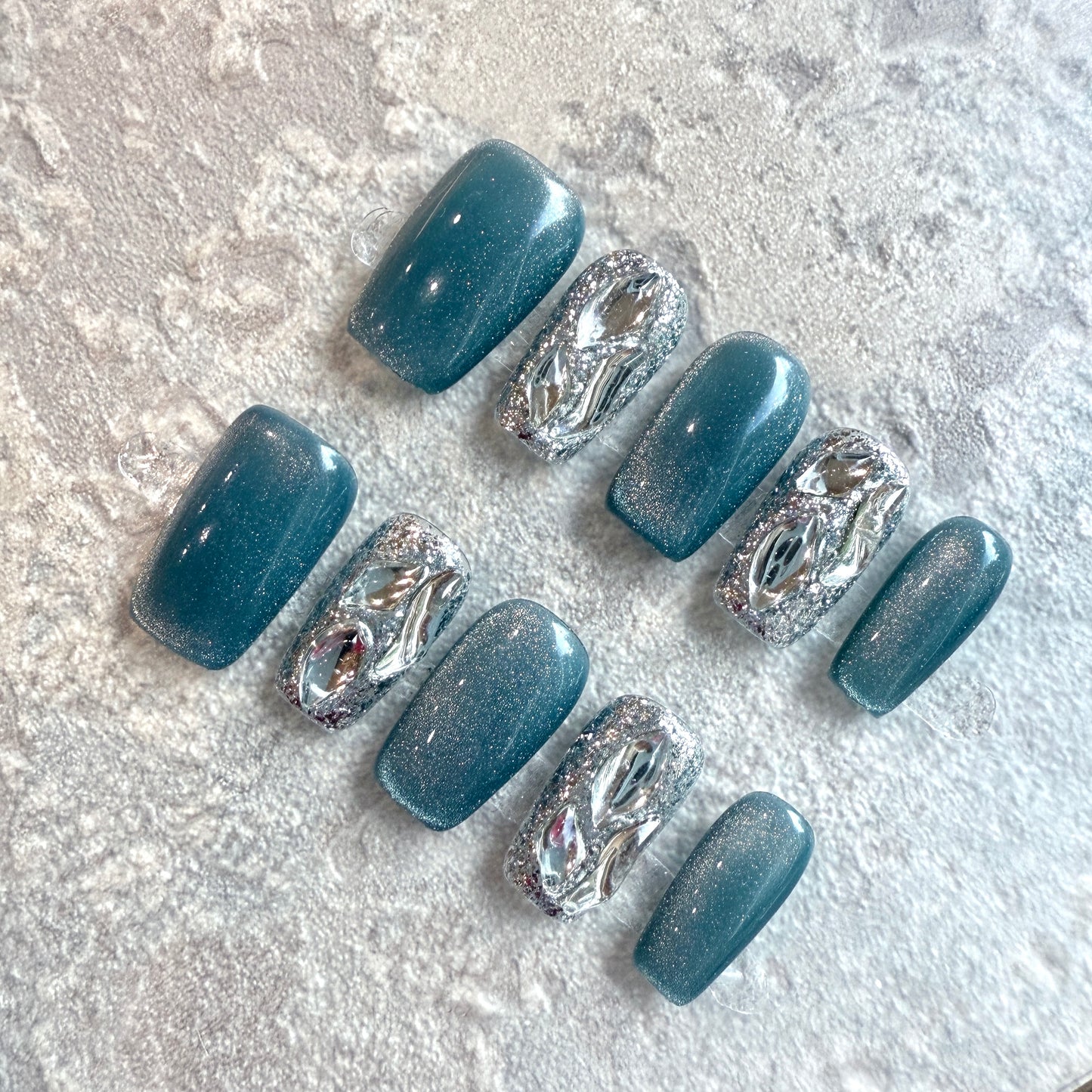 Midnight Galaxy – Luxury Metallic Silver Sculpted Press-On Nails (Deep Teal Sparkle)