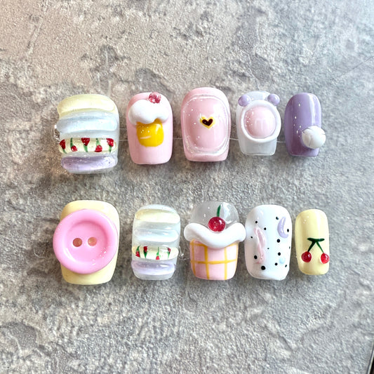 Sweet Treats β Kawaii Dessert Press-On Nails with 3D Macarons, Cupcakes & Cherries