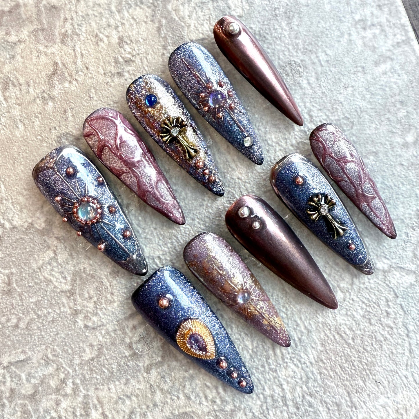 Gothic Royale – Luxury Stiletto Press‑On Nails with Gemstones, Cross Charms & Metallic Shine