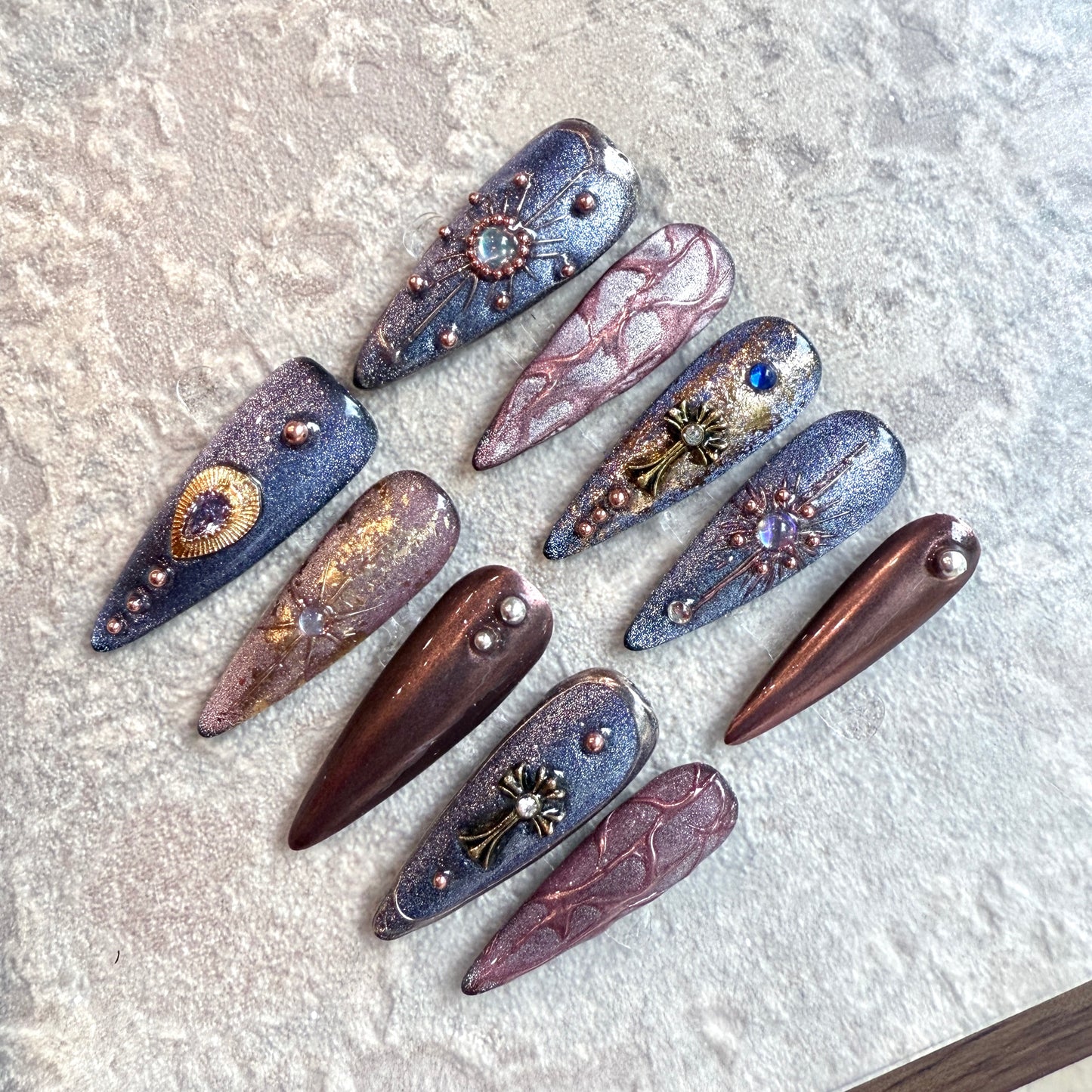 Gothic Royale – Luxury Stiletto Press‑On Nails with Gemstones, Cross Charms & Metallic Shine