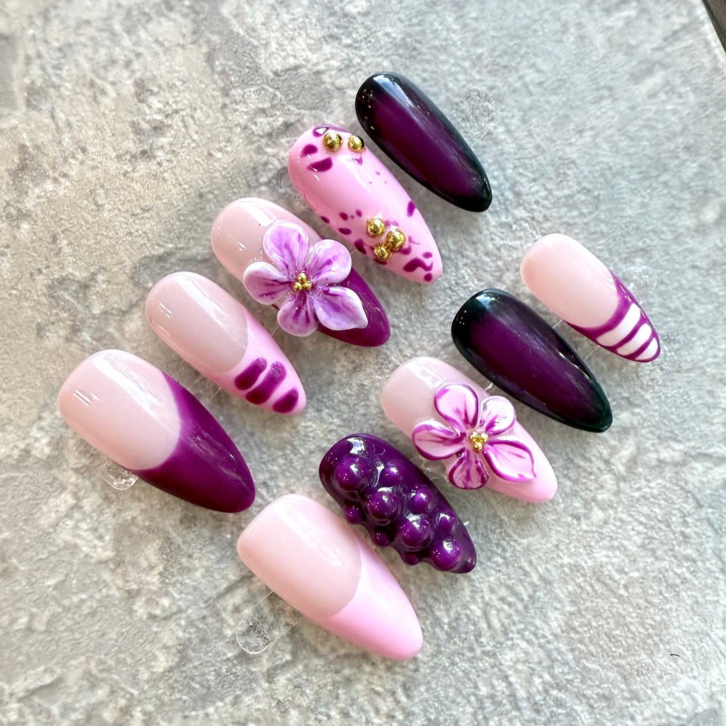 Violet Bloom – 3D Purple Press-On Nails with Floral & Metallic Accents