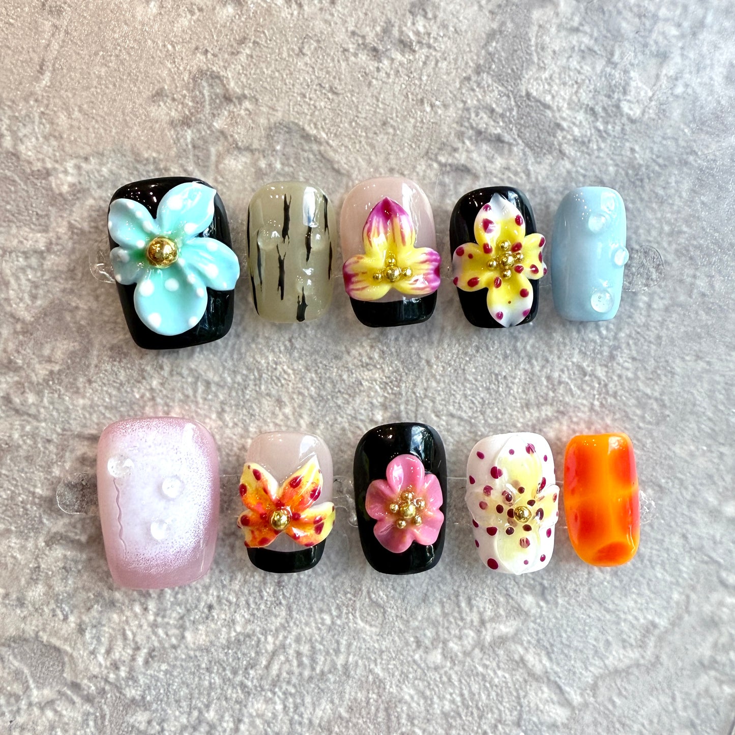 Tropical Bloom – Exotic 3D Flower Press-On Nails in Bold Colors (Square & Short Round Shape)