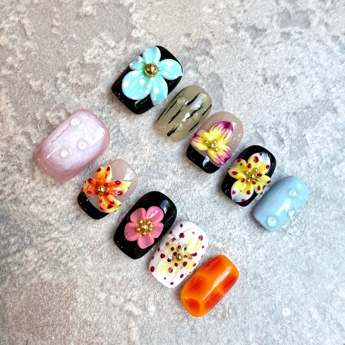 Tropical Bloom – Exotic 3D Flower Press-On Nails in Bold Colors (Square & Short Round Shape)