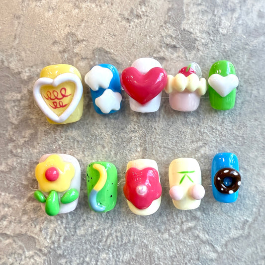 Candy Pop β Kawaii Short Square Press-On Nails with Hearts, Donuts & Cute Charms