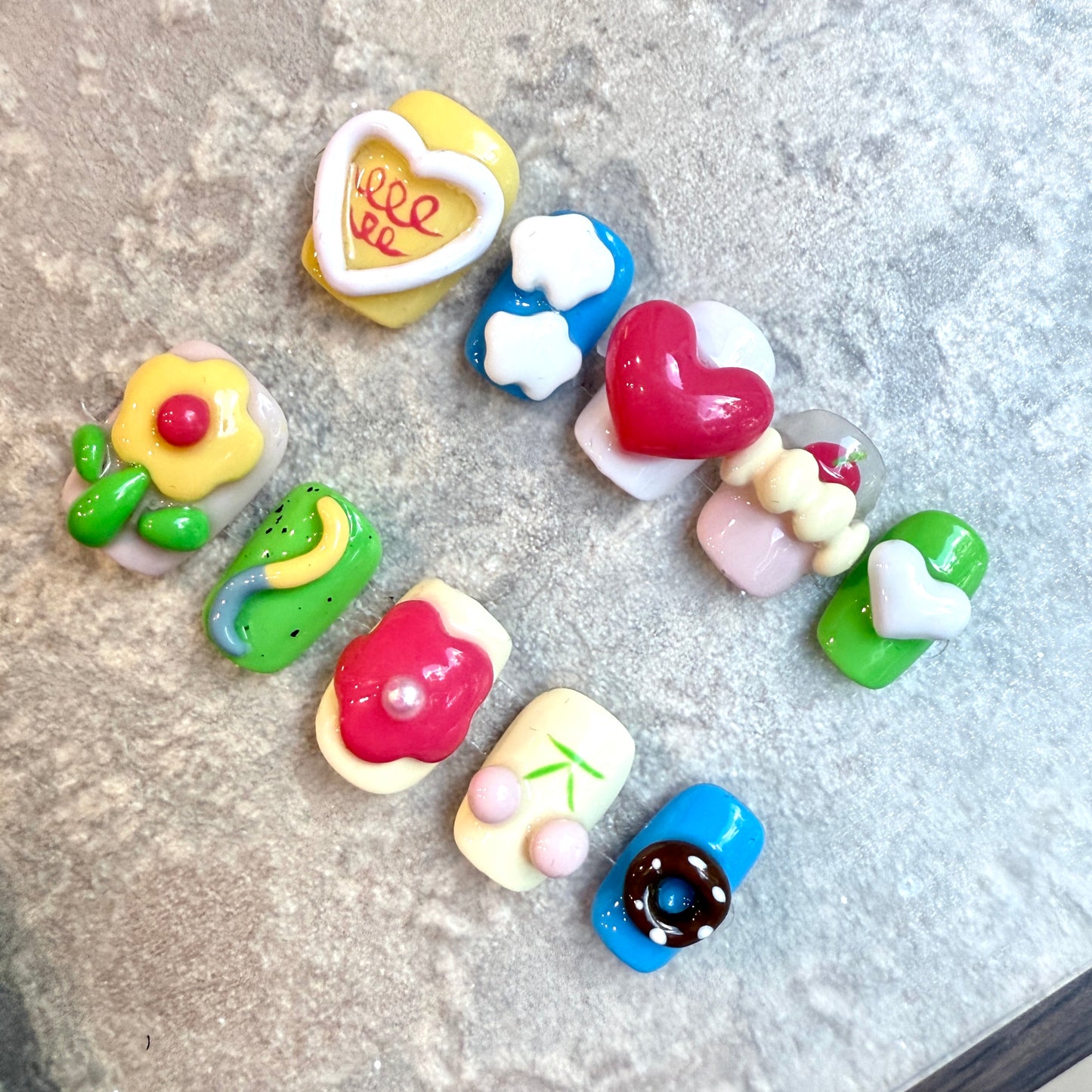 Candy Pop – Kawaii Short Square Press-On Nails with Hearts, Donuts & Cute Charms