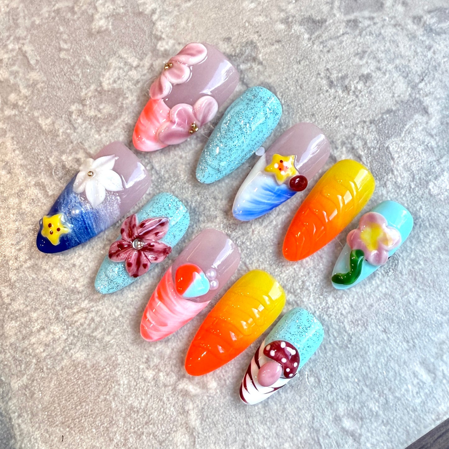 Summer Fantasy – Colorful Long Almond Press-On Nails with 3D Flowers, Seashells & Cute Charms