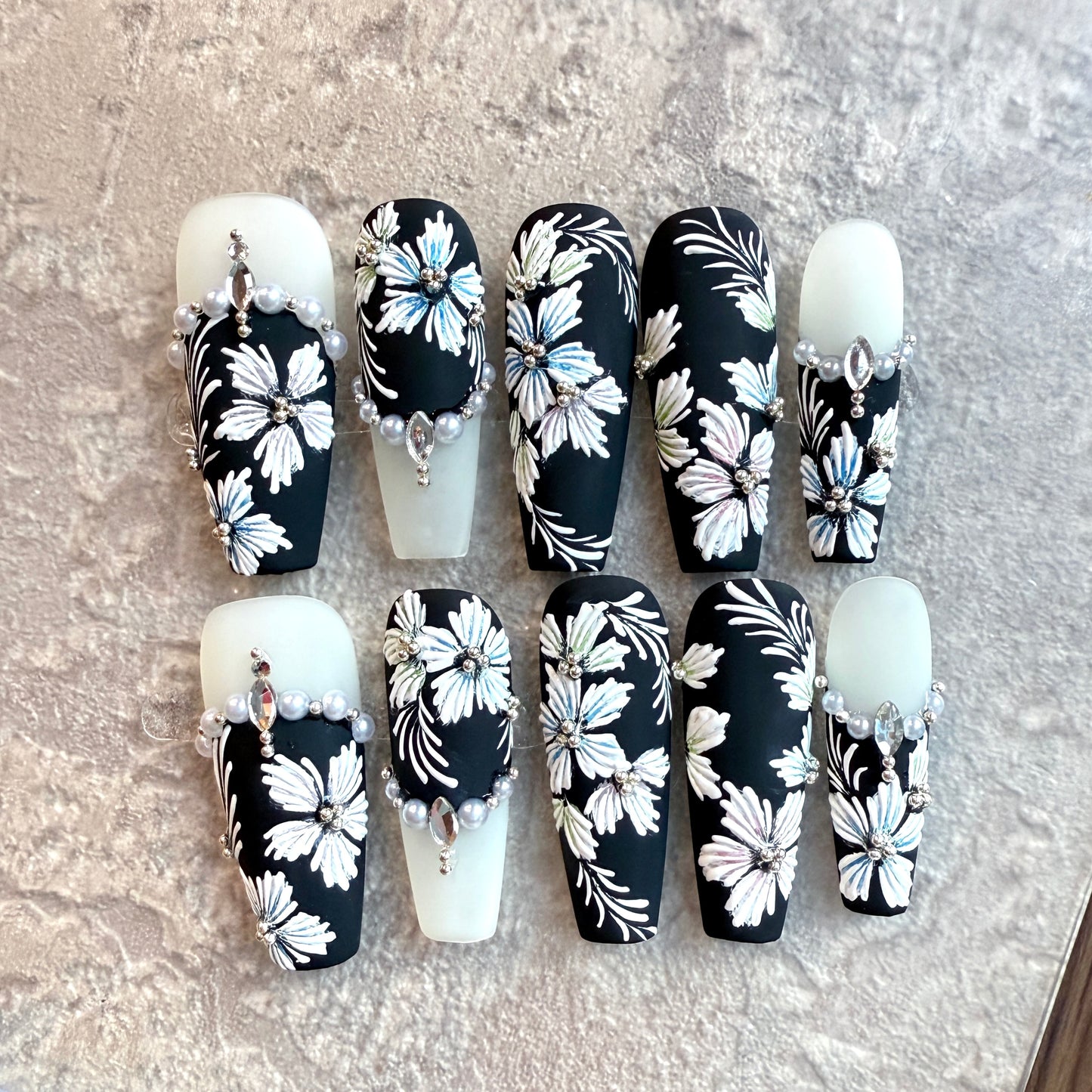 Black Elegance – Coffin Press-On Nails with 3D White Floral Embroidery & Pearl Chains