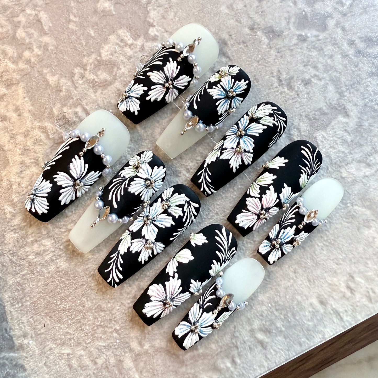 Black Elegance – Coffin Press-On Nails with 3D White Floral Embroidery & Pearl Chains