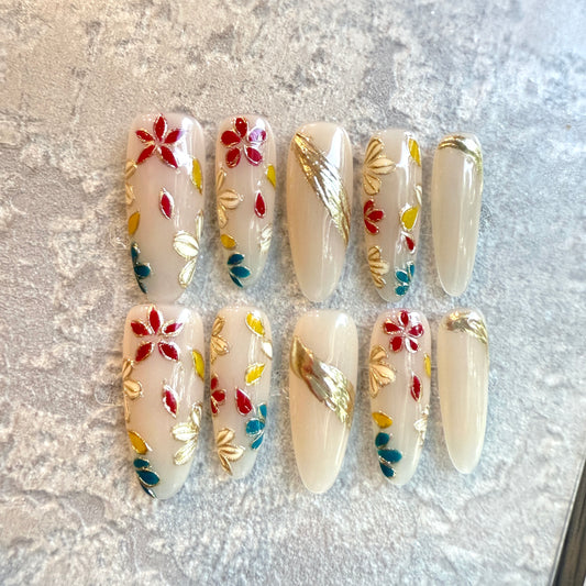 Enamel Blossom – Long oval Press-On Nails with Red & Blue Floral Design & Gold Accents