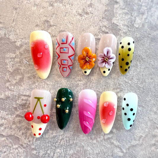 Fruit Carnival β Kawaii Almond Press-On Nails with 3D Cherries, Flowers & Polka Dots