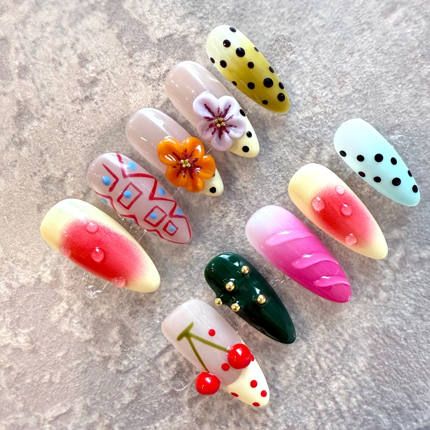 Fruit Carnival – Kawaii Almond Press-On Nails with 3D Cherries, Flowers & Polka Dots