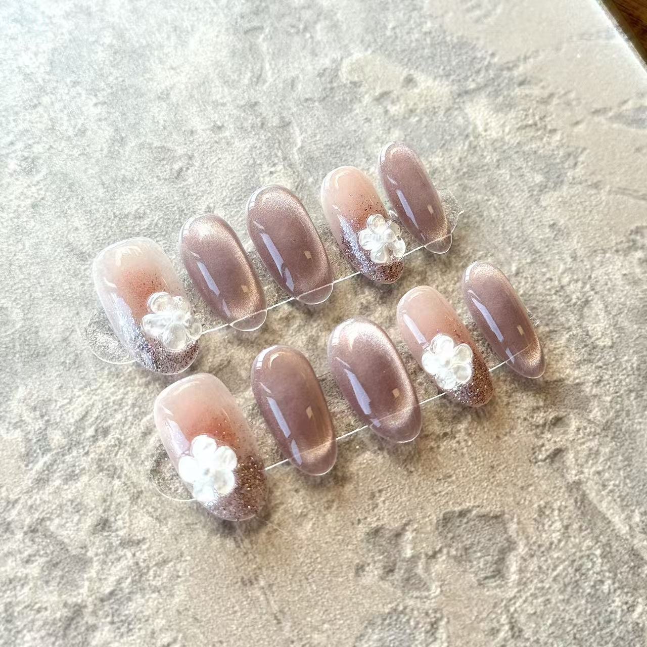 Fleur Rosée – Blush Ombre Luxury Press-On Nails with 3D Floral Charm