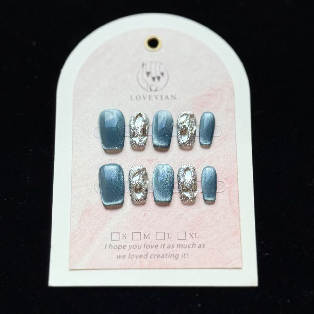 Midnight Galaxy – Luxury Metallic Silver Sculpted Press-On Nails (Deep Teal Sparkle)