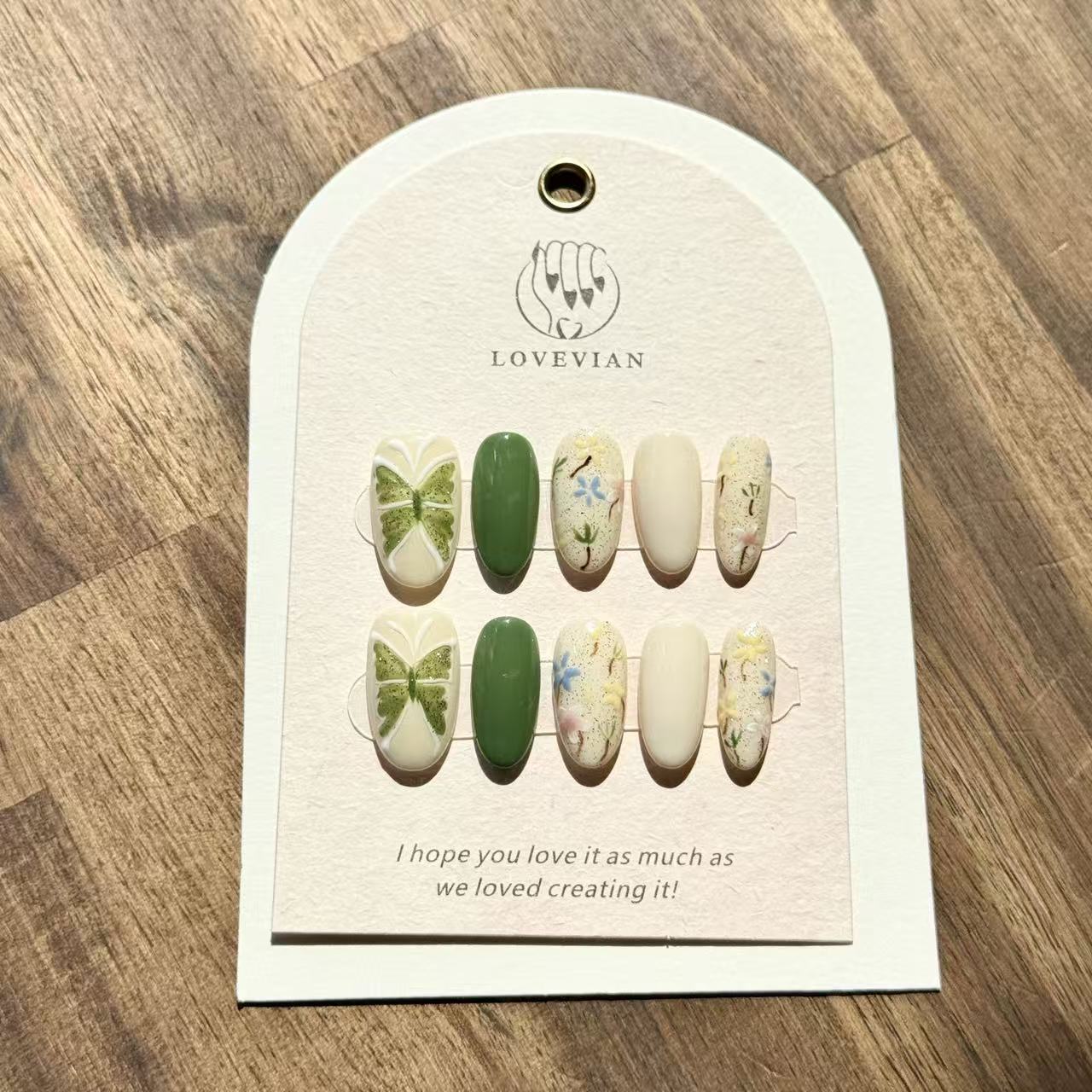 Spring Garden – Oval Press-On Nails with Green Clover, Floral Hand-Paint & Pastel Accents