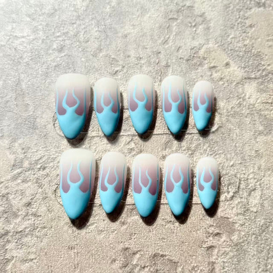 Blue Flame Vibes – Almond Press-On Nails with Matte Fire Design in Sky Blue & Pink
