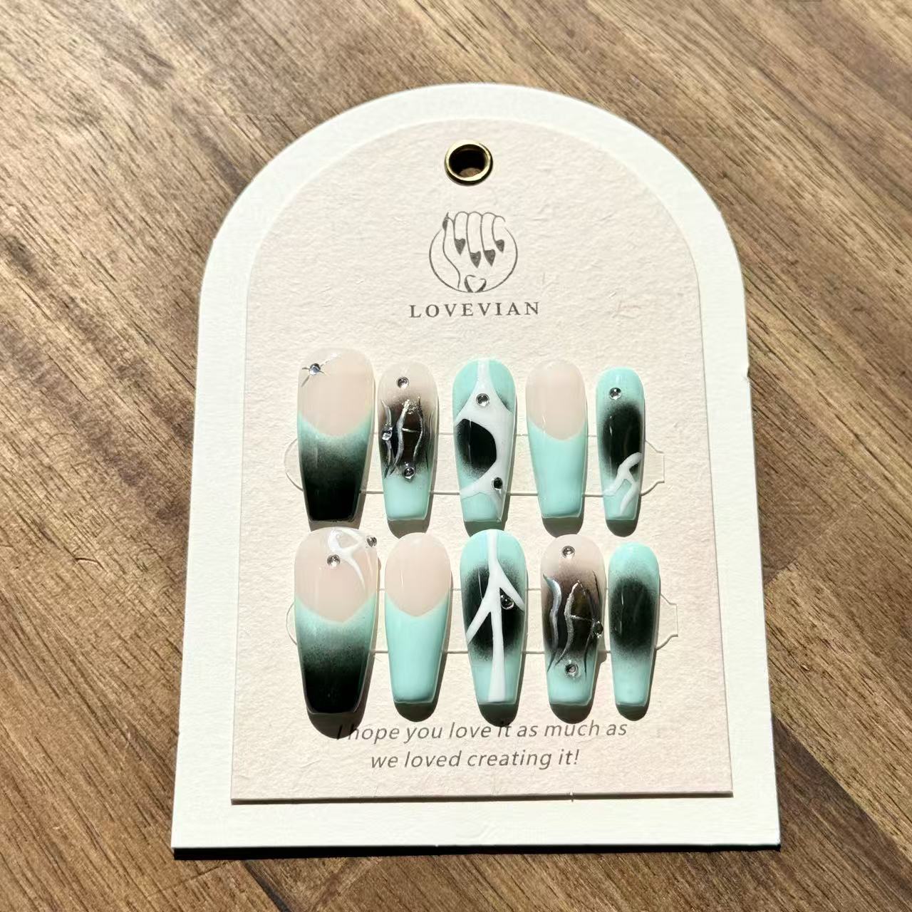 Mint Eclipse – Coffin Press-On Nails with Abstract Black Gradient, White Lines & Rhinestone Accents