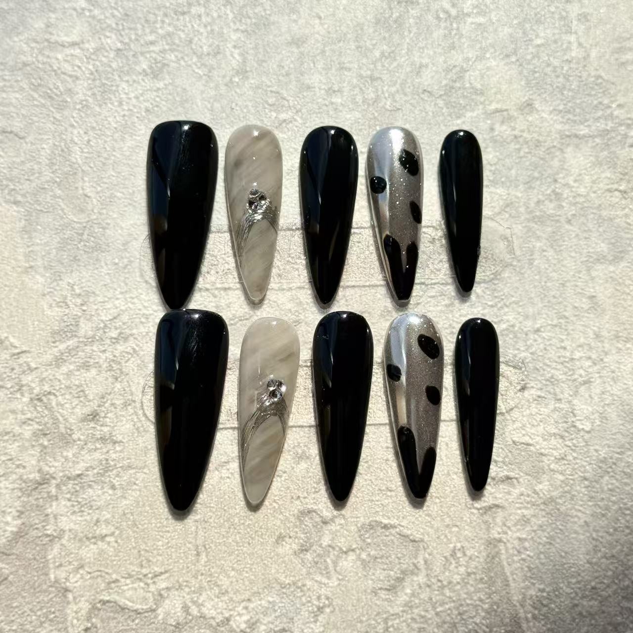Midnight Marble – Stiletto Press-On Nails with Black Shine, Silver Accents & Marble Detail