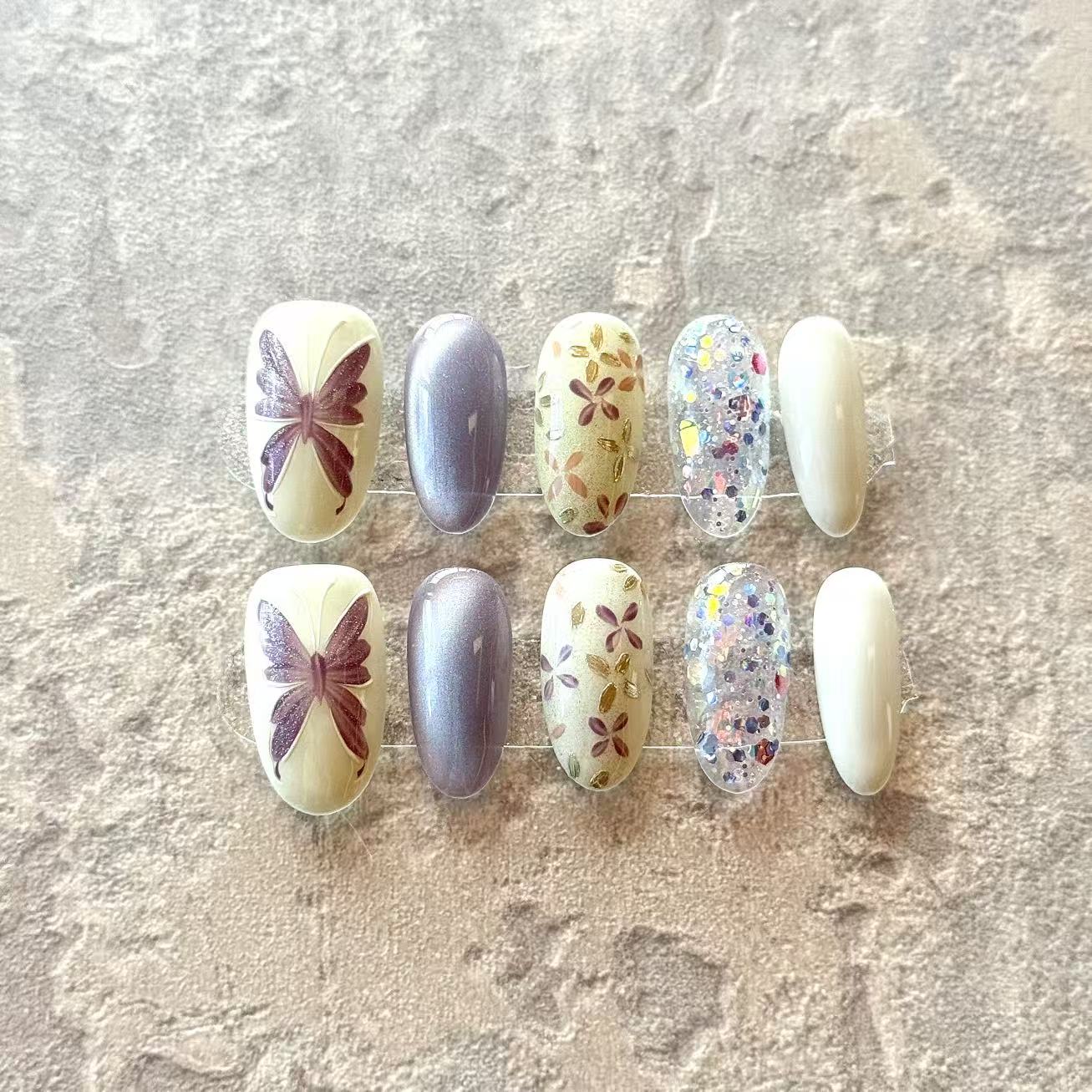 Papillon Rêve – Butterfly & Floral Press-On Nails with Glitter Accents